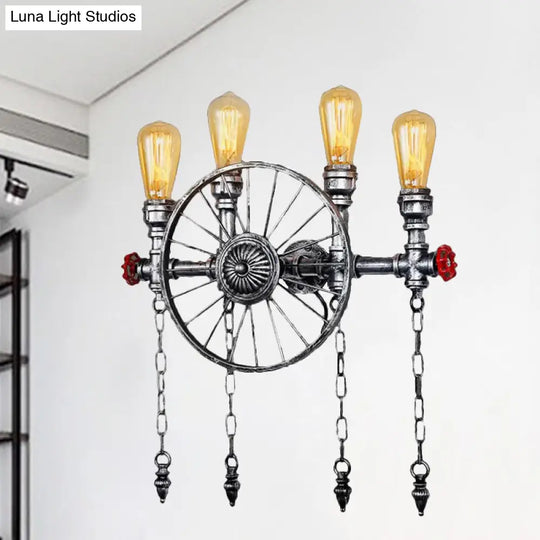 Industrial Rustic Bronze/Silver Metal Sconce Lighting - 4-Light Wheel Wall With Exposed Bulb Ideal