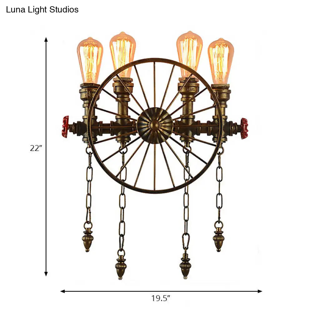 Industrial Rustic Bronze/Silver Metal Sconce Lighting - 4-Light Wheel Wall With Exposed Bulb Ideal