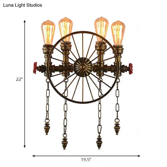 Industrial Rustic Bronze/Silver Metal Sconce Lighting - 4-Light Wheel Wall With Exposed Bulb Ideal