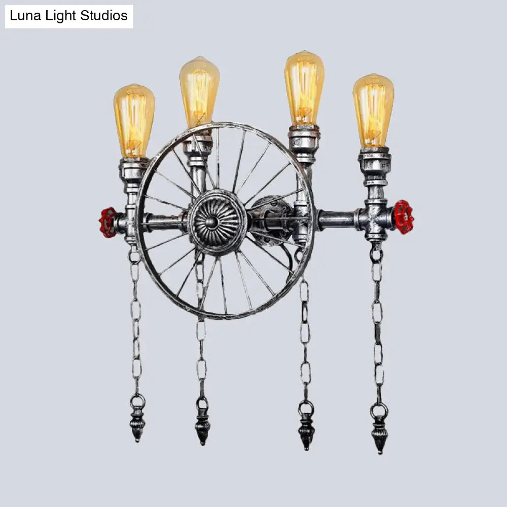 Industrial Rustic Bronze/Silver Metal Sconce Lighting - 4-Light Wheel Wall With Exposed Bulb Ideal