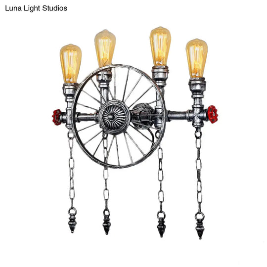 Industrial Rustic Bronze/Silver Metal Sconce Lighting - 4-Light Wheel Wall With Exposed Bulb Ideal