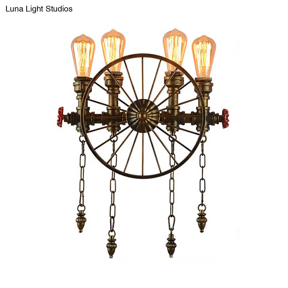 Industrial Rustic Bronze/Silver Metal Sconce Lighting - 4-Light Wheel Wall With Exposed Bulb Ideal