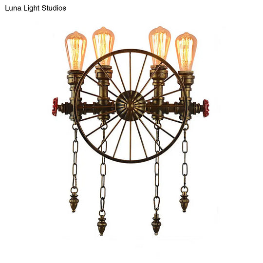 Industrial Rustic Bronze/Silver Metal Sconce Lighting - 4-Light Wheel Wall With Exposed Bulb Ideal