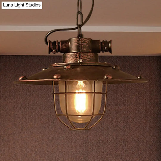 Industrial Cone Clear Glass Pendant Ceiling Light Fixture With Rustic Cage - 1 Rust