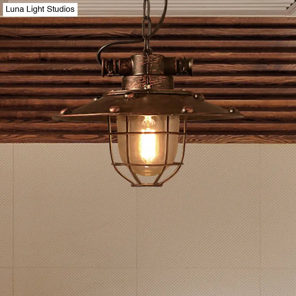 Industrial Cone Clear Glass Pendant Ceiling Light Fixture With Rustic Cage - 1