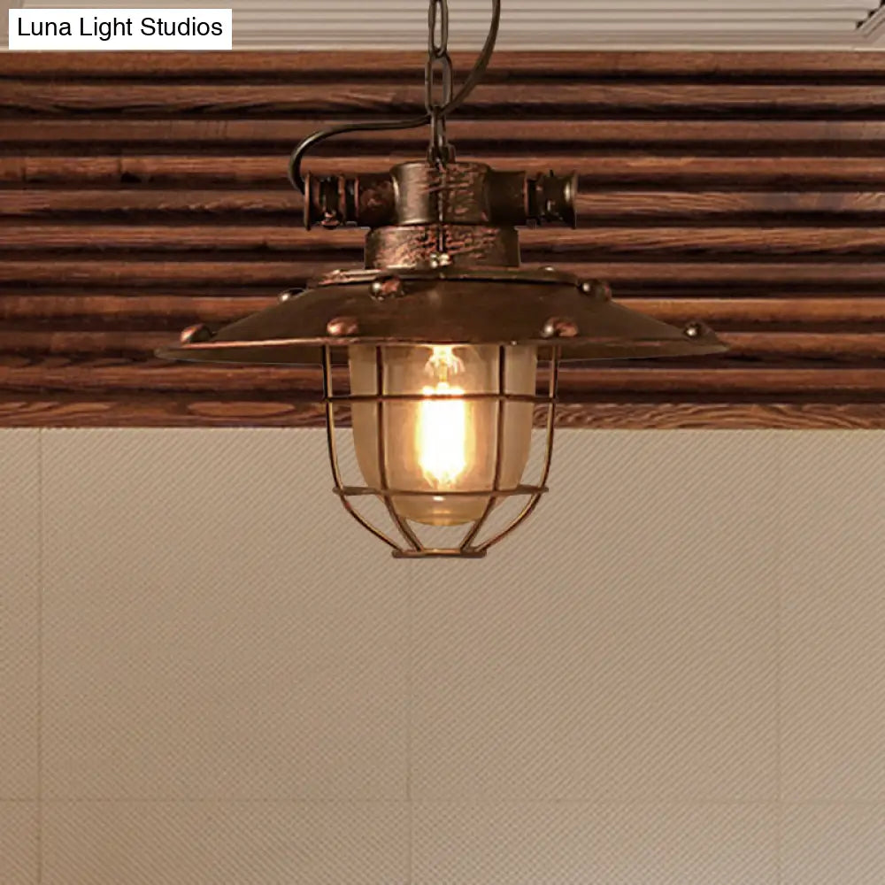 Industrial Rustic Cone Glass Pendant Ceiling Light With Cage - 1-Light Fixture