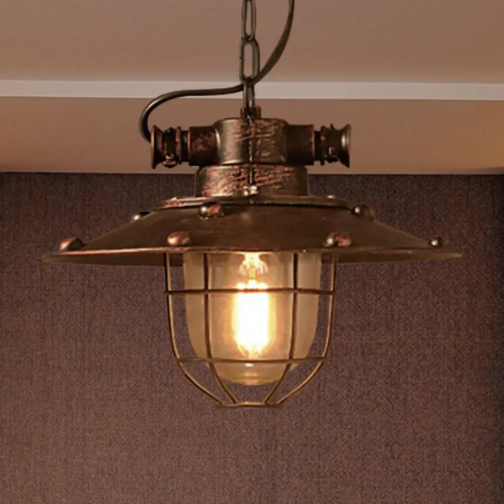 Industrial Rustic Cone Glass Pendant Ceiling Light With Cage - 1-Light Fixture Rust