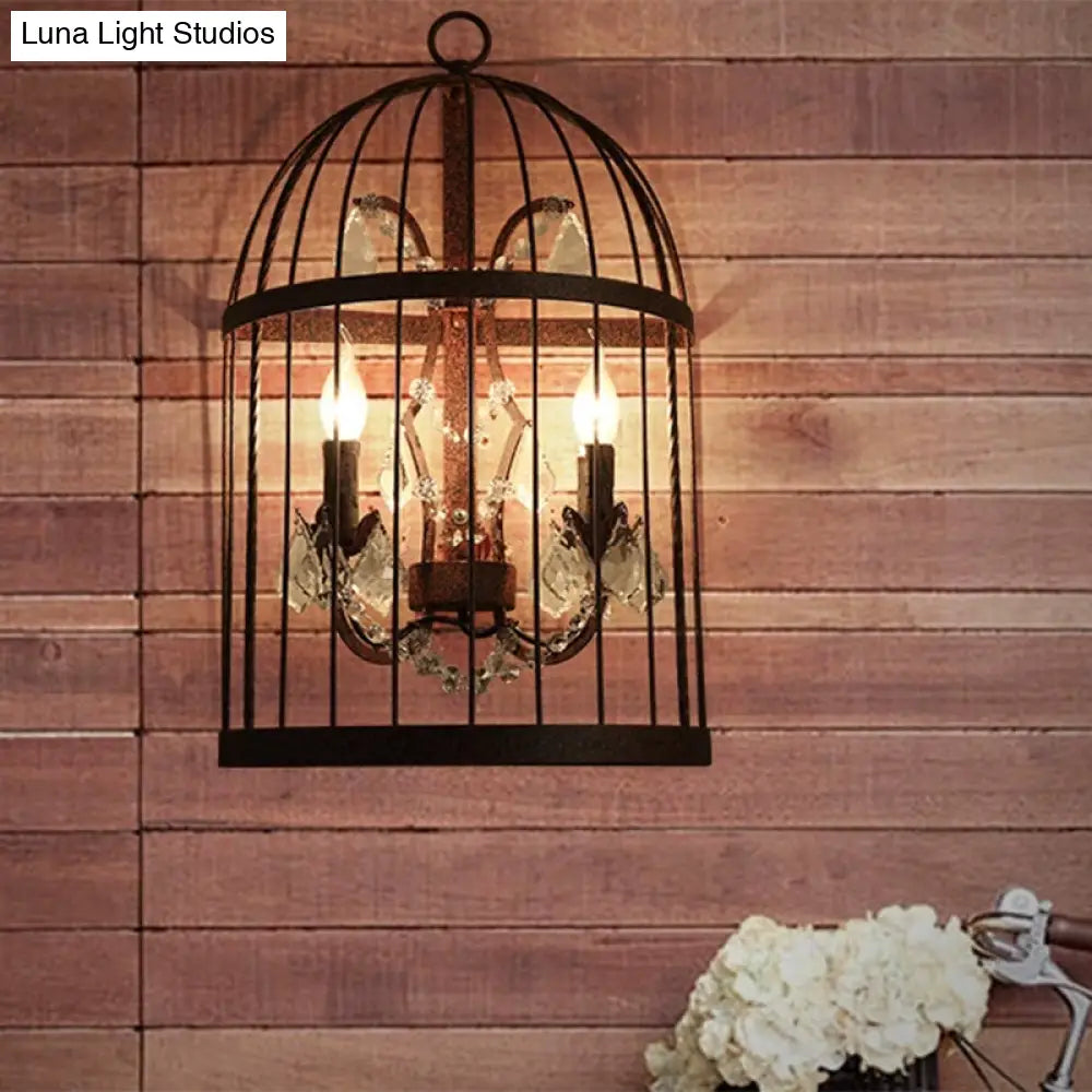 Industrial Rustic Crystal Wall Sconce With Birdcage Design - 2 Heads Metal Mounted Light For Living