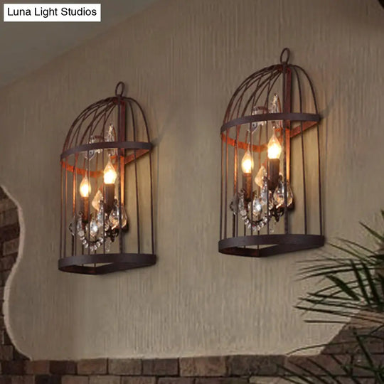 Industrial Rustic Crystal Wall Sconce With Birdcage Design - 2 Heads Metal Mounted Light For Living