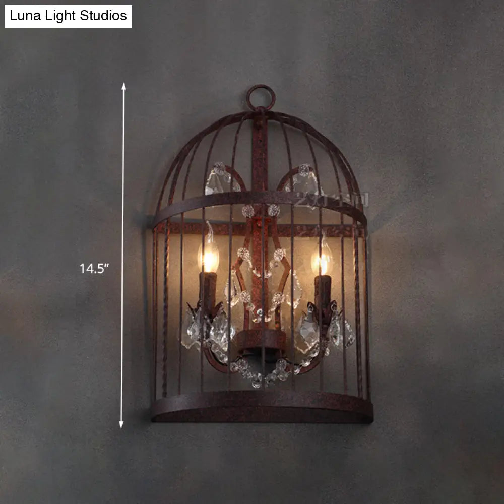 Industrial Rustic Crystal Wall Sconce With Birdcage Design - 2 Heads Metal Mounted Light For Living