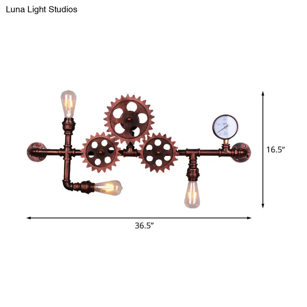 Industrial Rustic Gear Sconce Lamp: Metallic Wall Mount Light With 3 Bulbs For Living Room