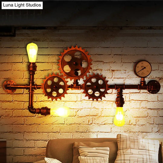 Industrial Rustic Gear Sconce Lamp: Metallic Wall Mount Light With 3 Bulbs For Living Room