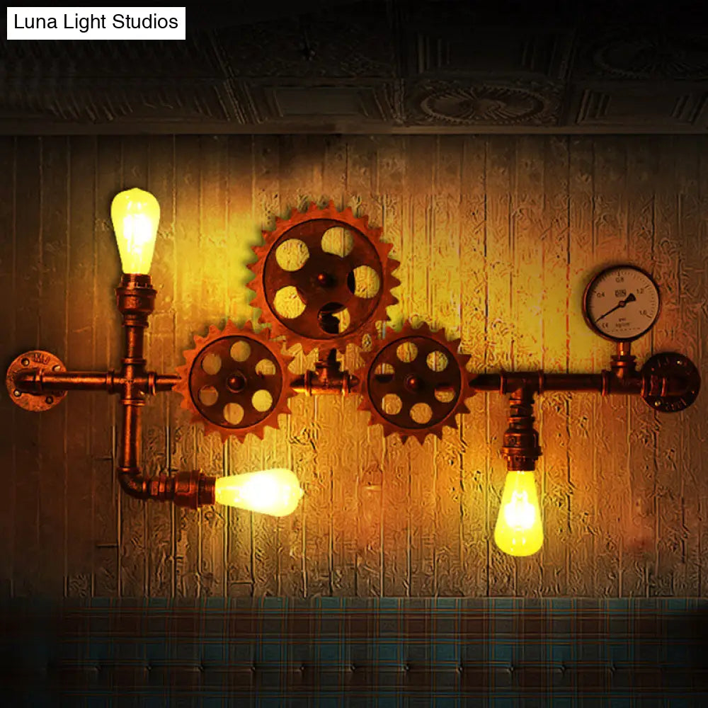 Industrial Rustic Gear Sconce Lamp: Metallic Wall Mount Light With 3 Bulbs For Living Room