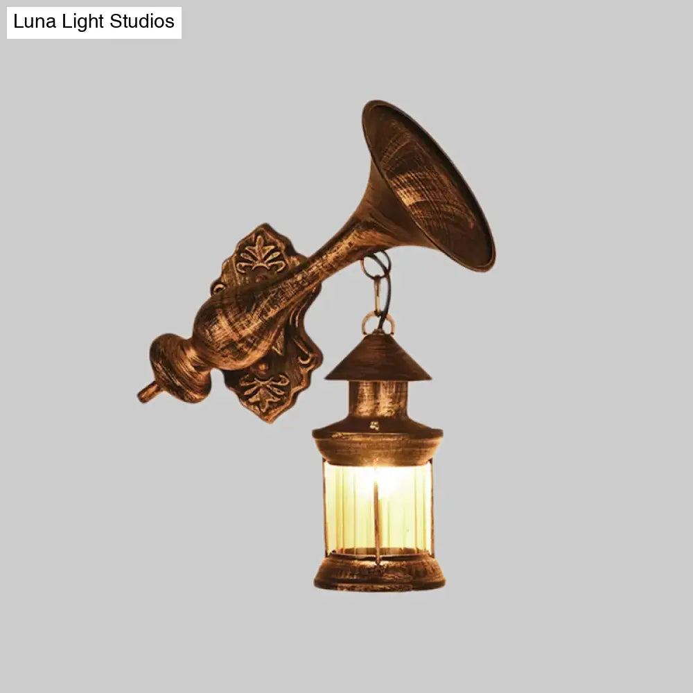 Industrial Rustic Kerosene Wall Sconce Lamp With Trumpet Design - Clear Glass And 1-Light Fixture