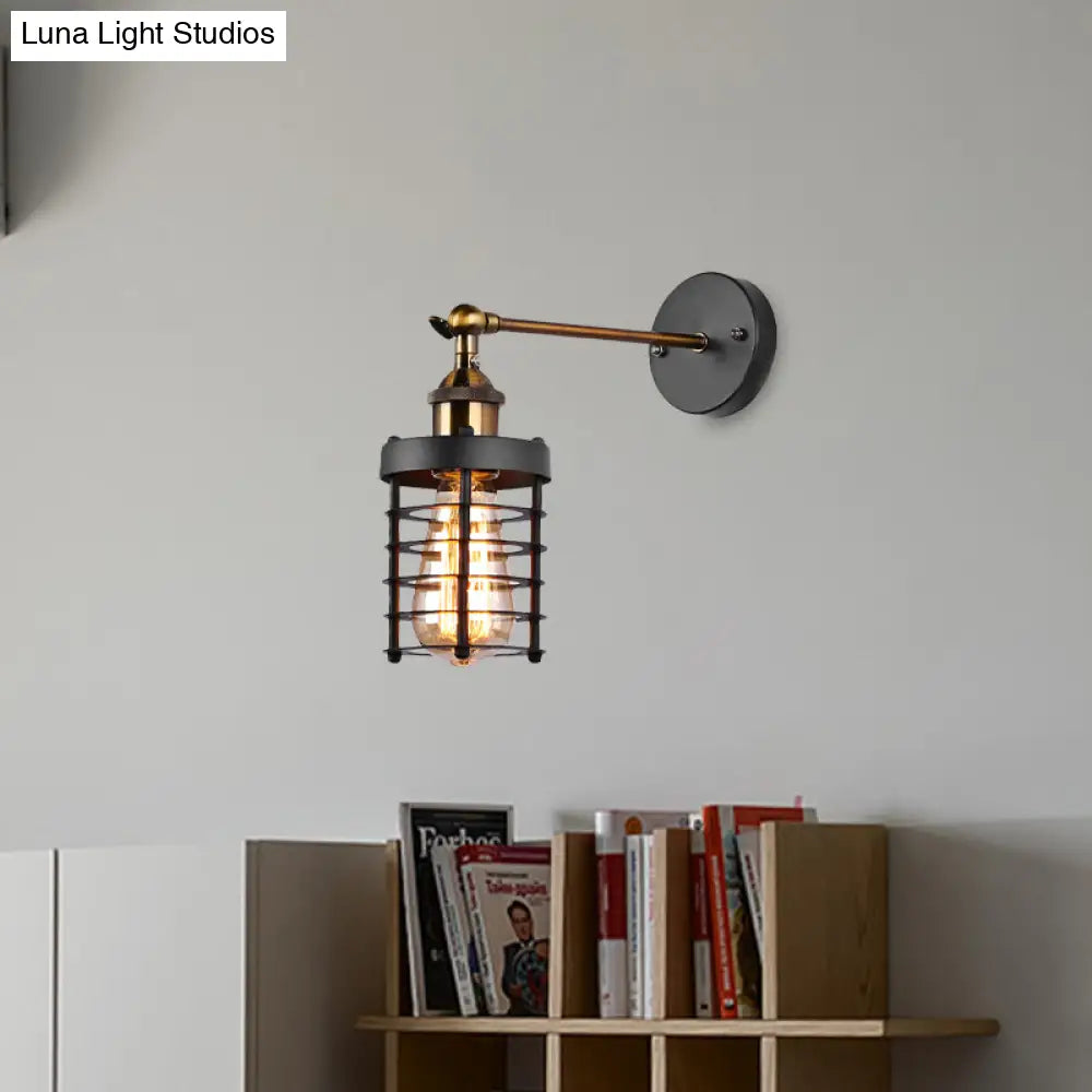 Industrial Rustic Metal Caged Wall Lighting: 1-Light Indoor Mini Wall-Mount Light With Cylindrical