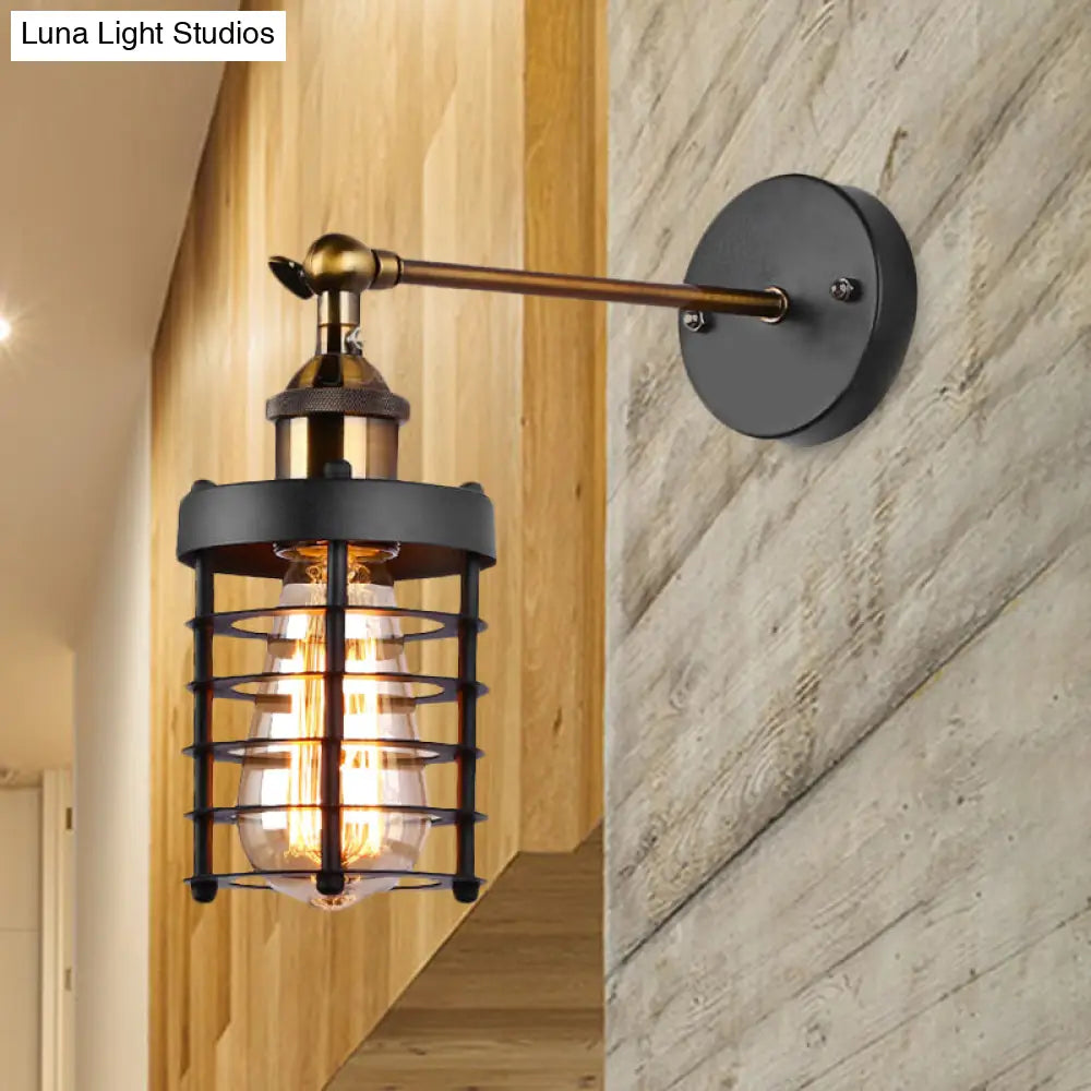 Industrial Rustic Metal Caged Wall Lighting: 1-Light Indoor Mini Wall-Mount Light With Cylindrical