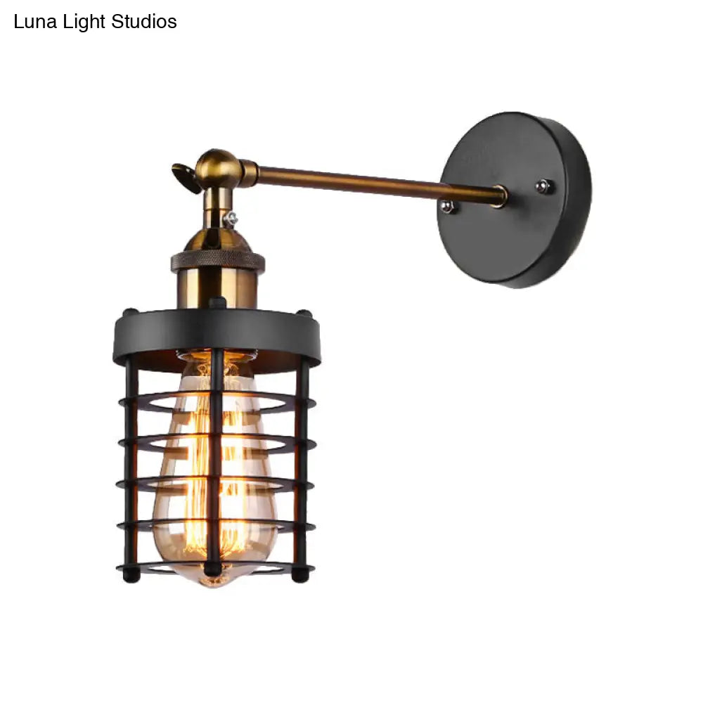 Industrial Rustic Metal Caged Wall Lighting: 1-Light Indoor Mini Wall-Mount Light With Cylindrical