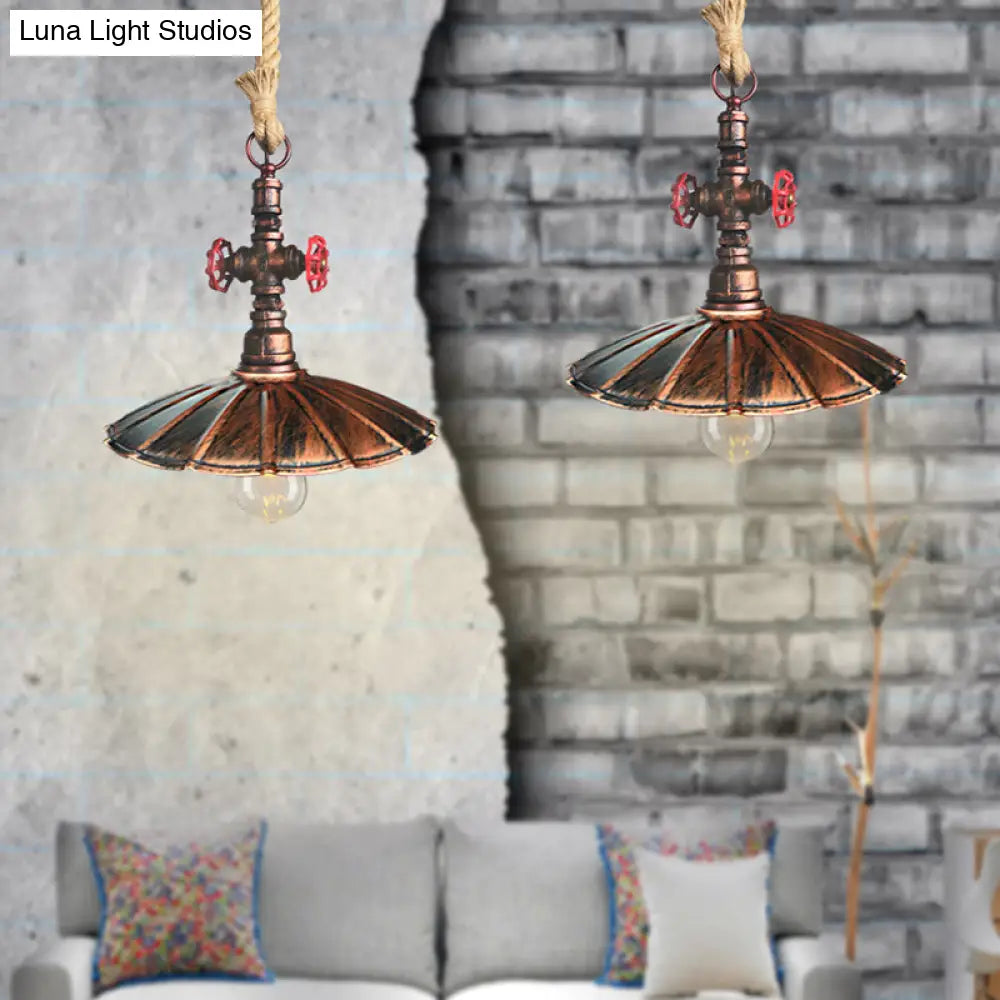 Industrial Rustic Scalloped Pendant Light With Rope Cord