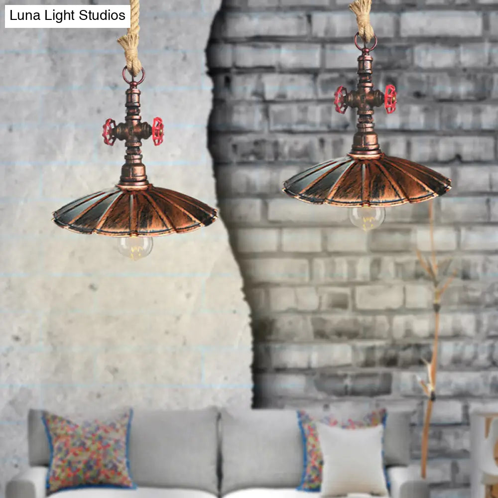 Industrial Metal Scalloped Pendant Lamp With Rust Finish And Knots Rope Cord - 1 Light Hanging