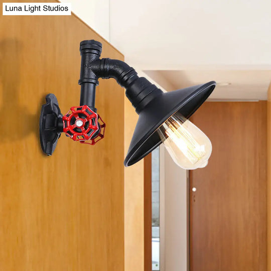 Industrial Rustic Wall Lamp With Black Iron Finish Plumbing Pipe Design Flat Shade And Red Valve