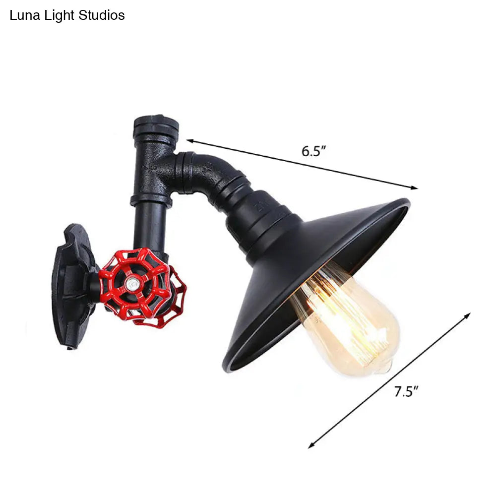 Industrial Rustic Wall Lamp With Black Iron Finish Plumbing Pipe Design Flat Shade And Red Valve