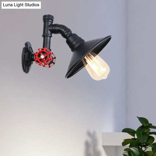 Industrial Rustic Wall Lamp With Black Iron Finish Plumbing Pipe Design Flat Shade And Red Valve