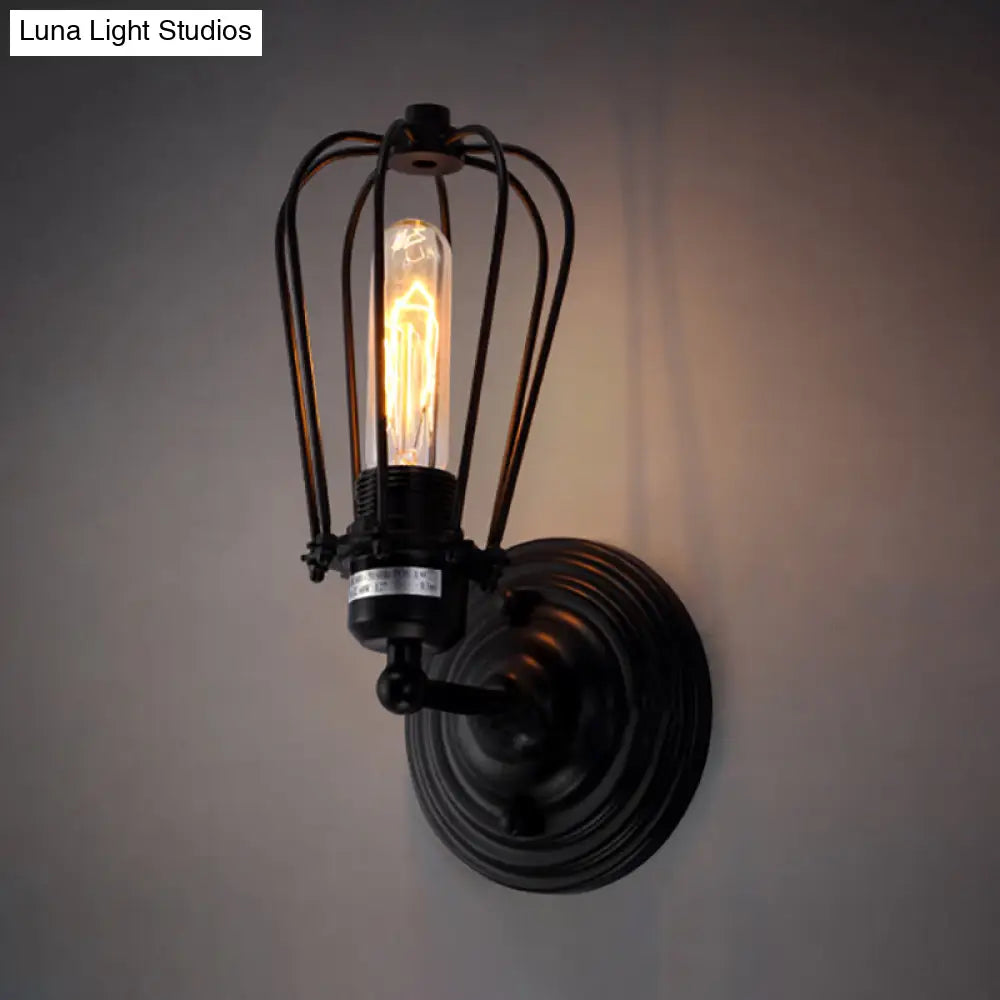 Industrial Rustic Wall Sconce Light With Bulb Cage Shade Metal Black Finish (2-Pack)