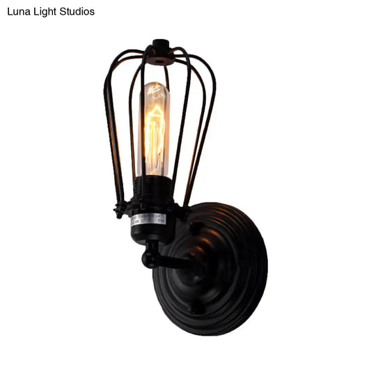 Industrial Rustic Wall Sconce Light With Bulb Cage Shade Metal Black Finish (2-Pack)