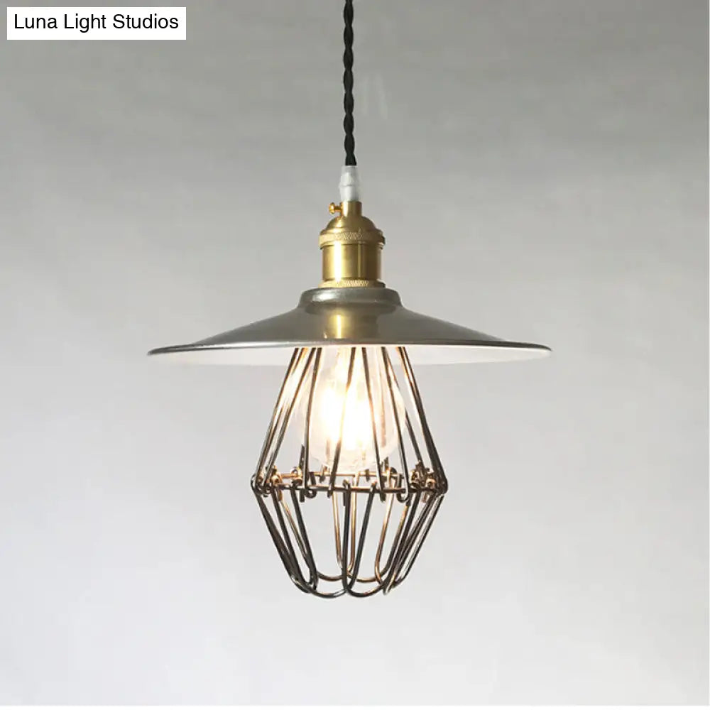 Nickel Industrial Saucer Drop Pendant Ceiling Lamp - Metal Caged Design Single Light 9/14 Width