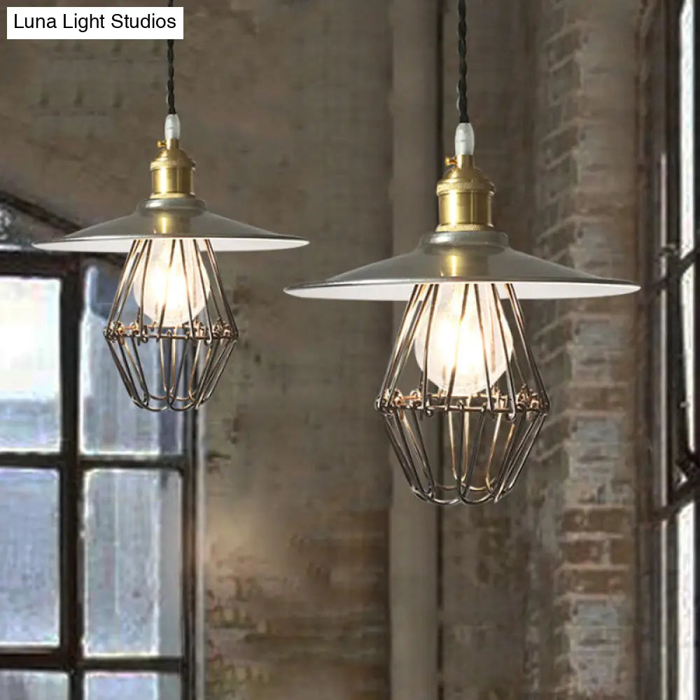 Nickel Industrial Saucer Drop Pendant Ceiling Lamp - Metal Caged Design Single Light 9/14 Width / 9