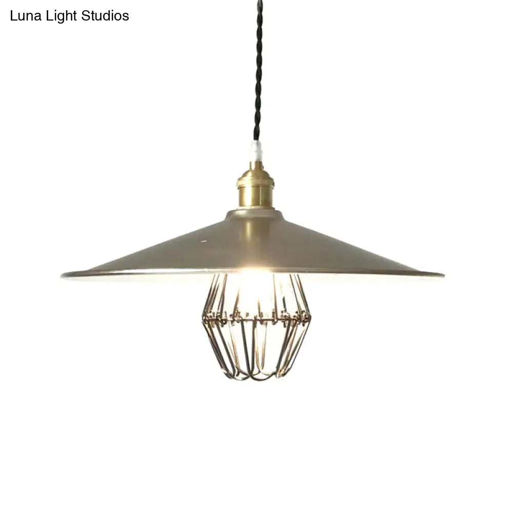 Nickel Industrial Saucer Drop Pendant Ceiling Lamp - Metal Caged Design Single Light 9/14 Width