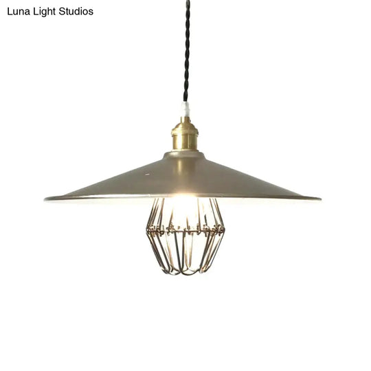 Nickel Industrial Saucer Drop Pendant Ceiling Lamp - Metal Caged Design Single Light 9/14 Width