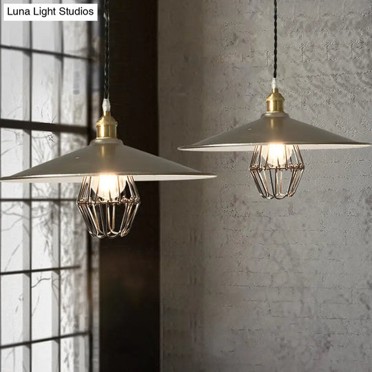 Nickel Industrial Saucer Drop Pendant Ceiling Lamp - Metal Caged Design Single Light 9/14 Width / 14