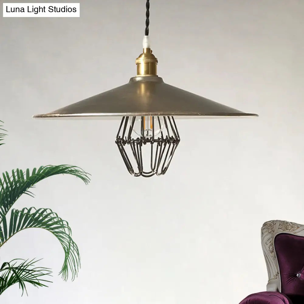 Industrial Saucer Drop Pendant Ceiling Lamp Metal Cage Design In Nickel 9’/14’ Width