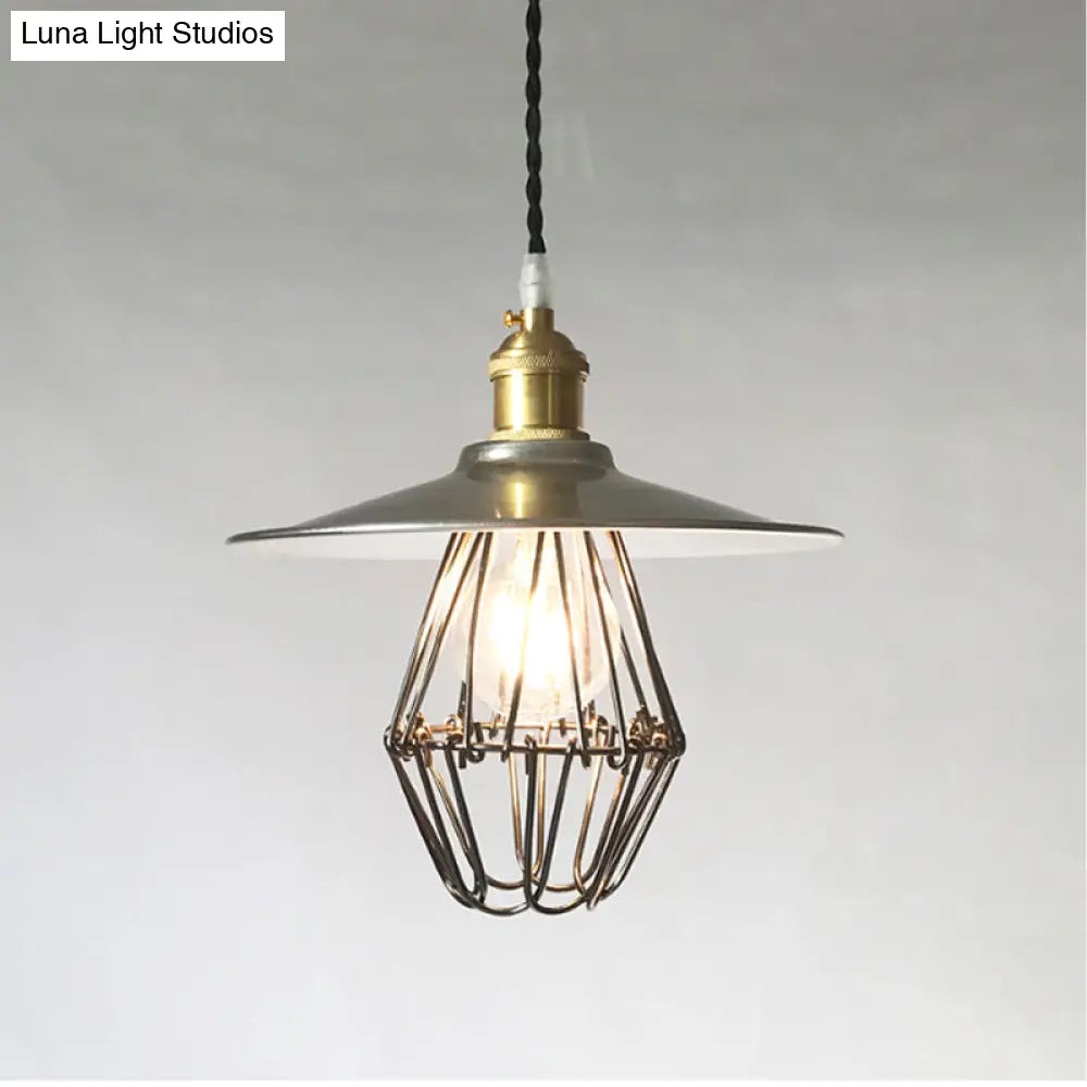 Industrial Saucer Drop Pendant Ceiling Lamp Metal Cage Design In Nickel 9’/14’ Width