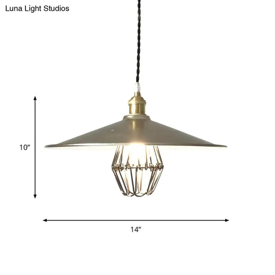 Nickel Industrial Saucer Drop Pendant Ceiling Lamp - Metal Caged Design Single Light 9/14 Width