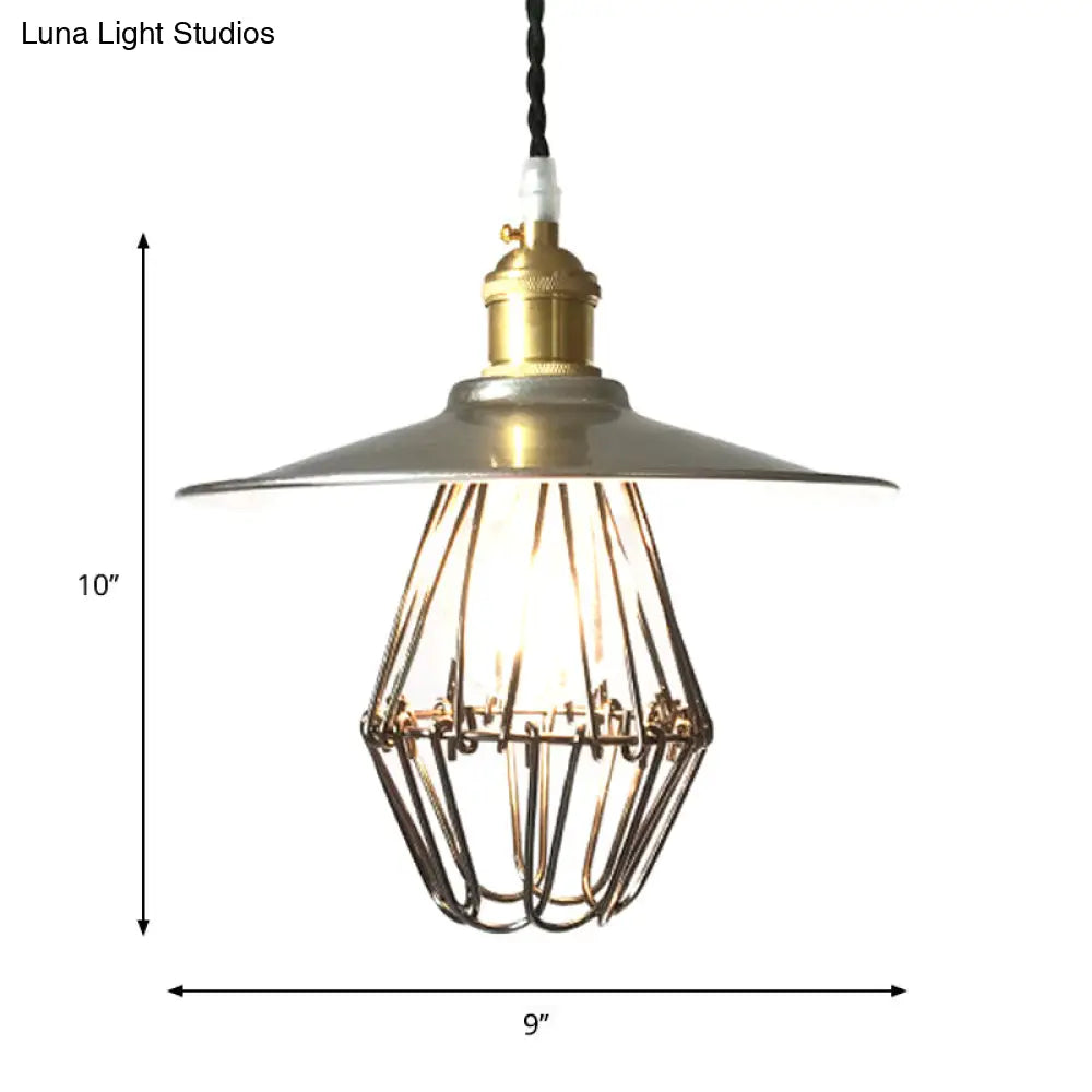 Nickel Industrial Saucer Drop Pendant Ceiling Lamp - Metal Caged Design Single Light 9/14 Width