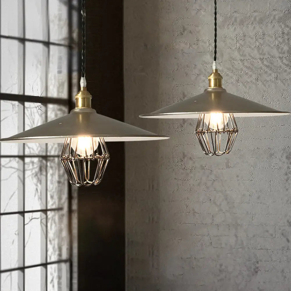 Industrial Saucer Drop Pendant Ceiling Lamp Metal Cage Design In Nickel 9’/14’ Width / 14’