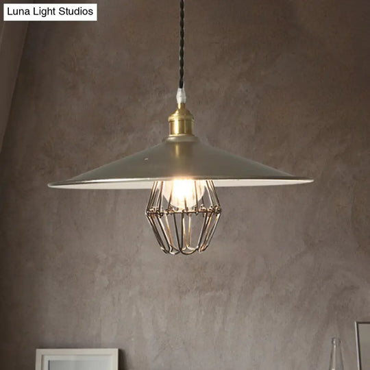 Nickel Industrial Saucer Drop Pendant Ceiling Lamp - Metal Caged Design Single Light 9/14 Width