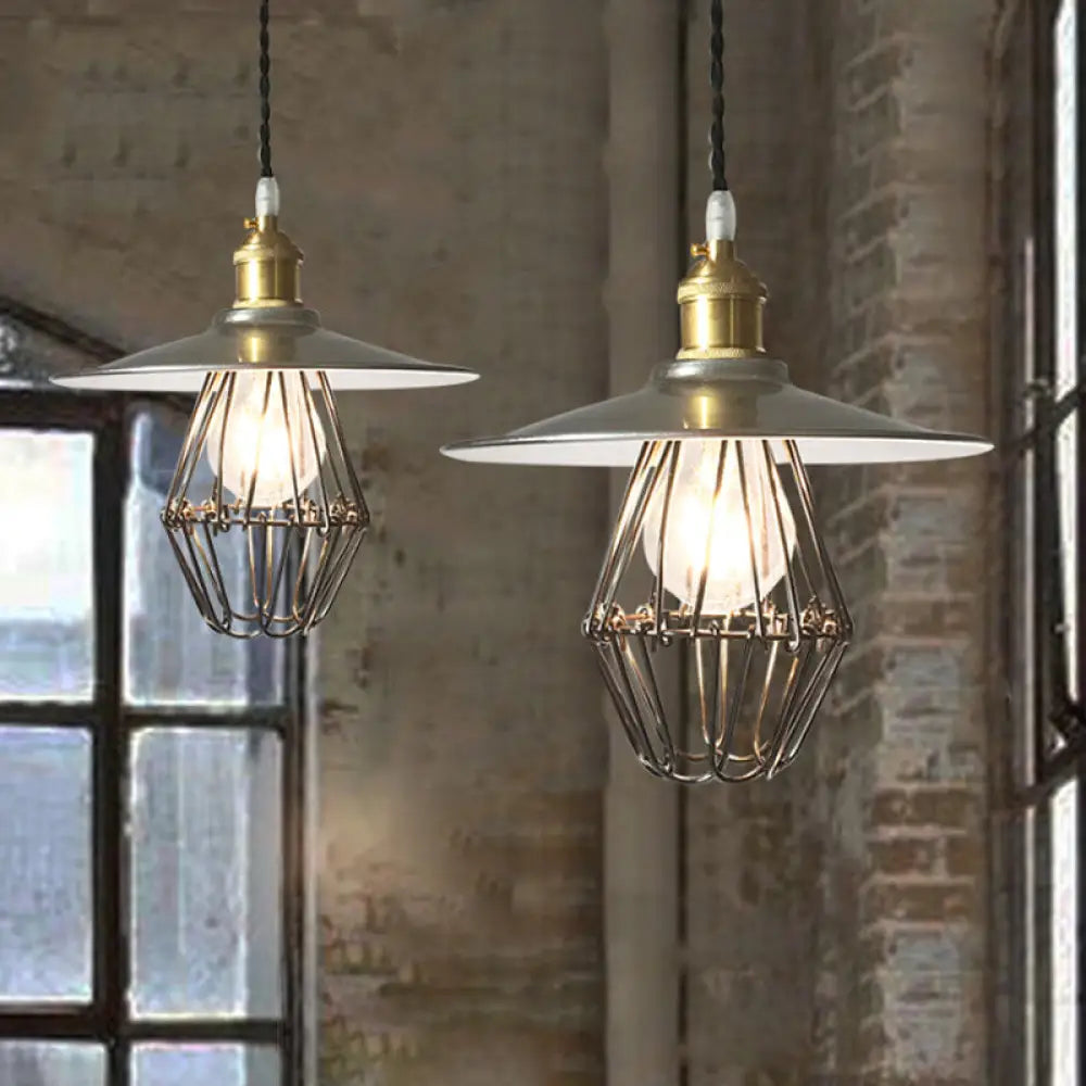 Industrial Saucer Drop Pendant Ceiling Lamp Metal Cage Design In Nickel 9’/14’ Width / 9’