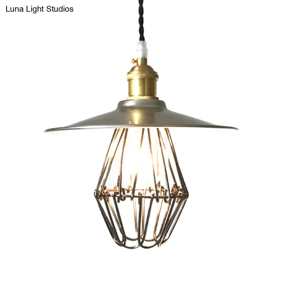 Nickel Industrial Saucer Drop Pendant Ceiling Lamp - Metal Caged Design Single Light 9/14 Width