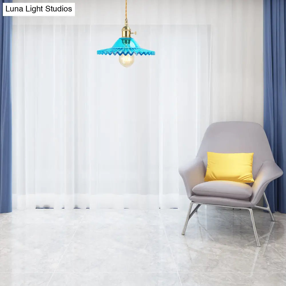 Industrial Scalloped Blue Glass Pendant Lamp With Prismatic Shade