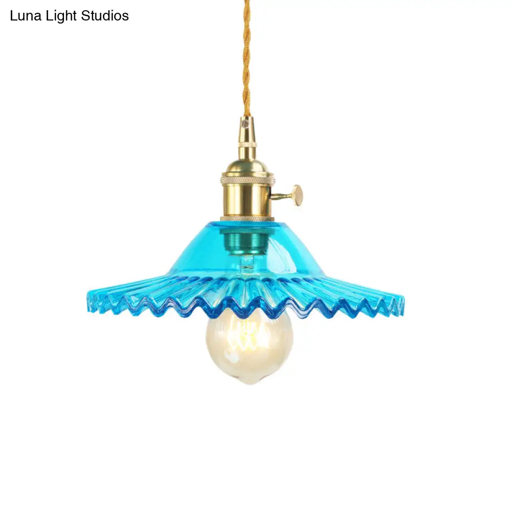 Industrial Scalloped Blue Glass Pendant Lamp With Prismatic Shade