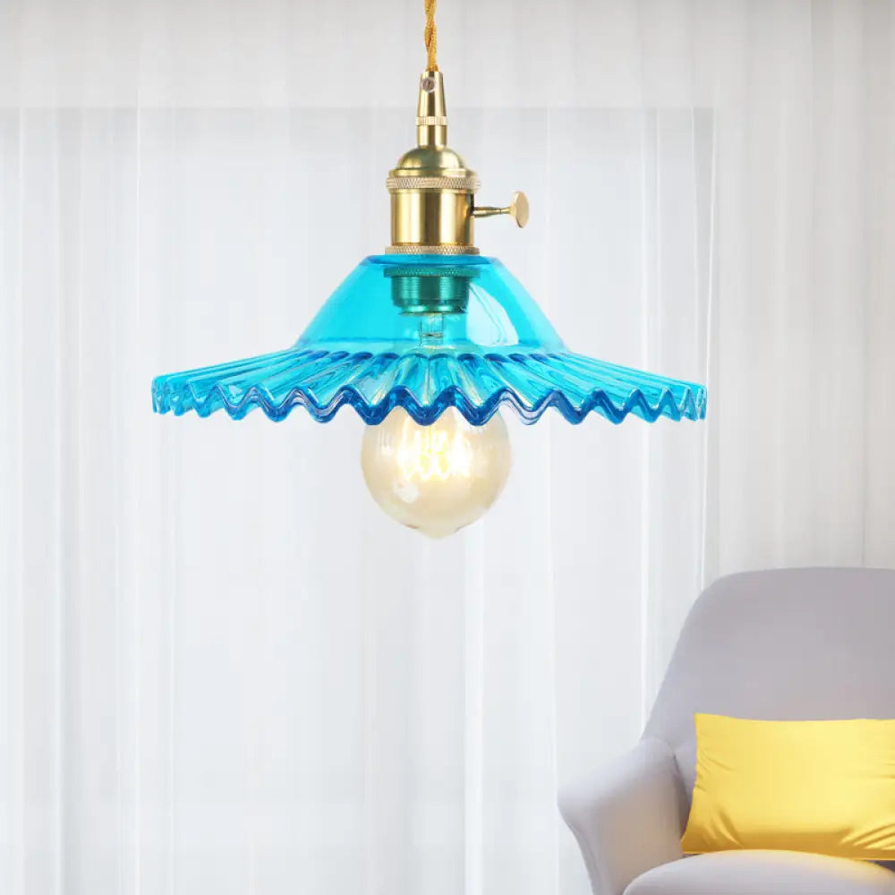 Industrial Scalloped Blue Glass Pendant Lamp With Prismatic Shade