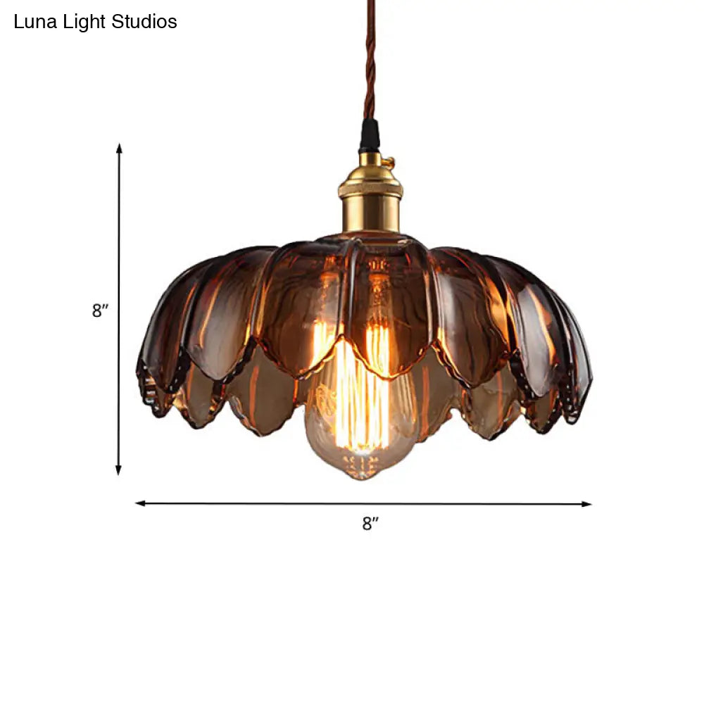 Industrial Scalloped Ceiling Lighting With Brown Glass - 1 Light 8/10/12 Wide Hanging Lamp