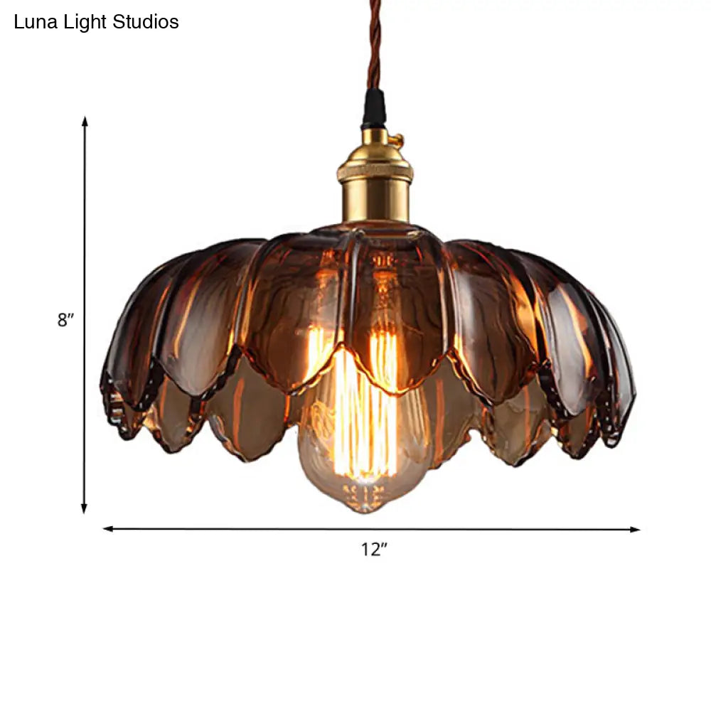 Industrial Scalloped Ceiling Lighting: 1-Light 8’/10’/12’ Wide Brown Glass Hanging Lamp