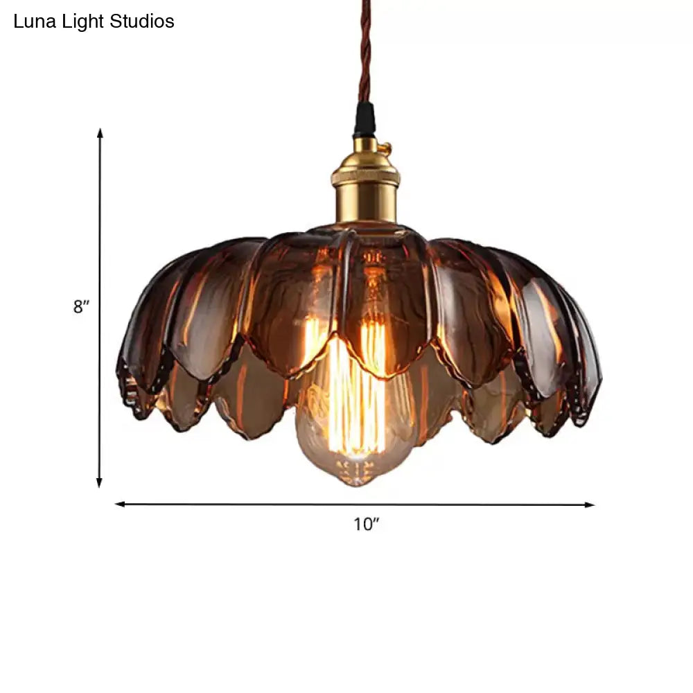 Industrial Scalloped Ceiling Lighting: 1-Light 8’/10’/12’ Wide Brown Glass Hanging Lamp