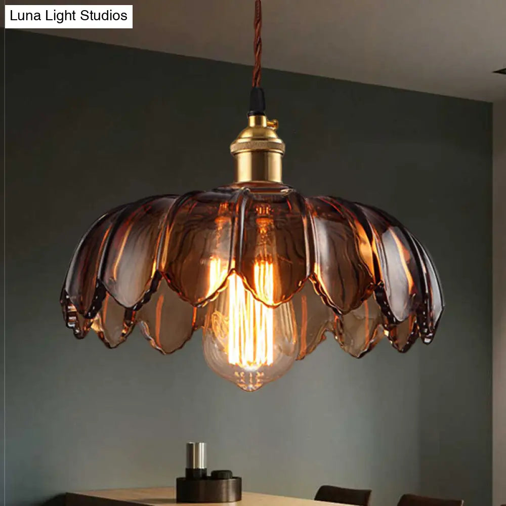 Industrial Scalloped Ceiling Lighting: 1-Light 8’/10’/12’ Wide Brown Glass Hanging Lamp