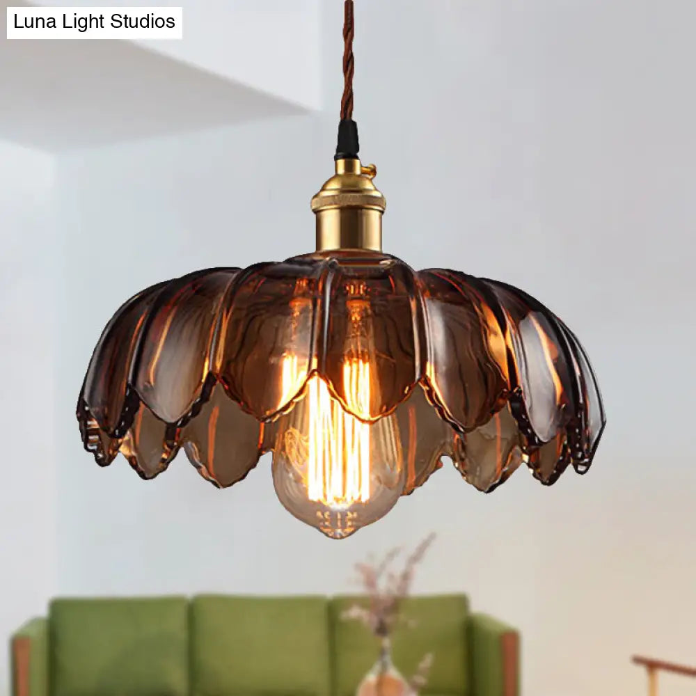 Industrial Scalloped Ceiling Lighting: 1-Light 8’/10’/12’ Wide Brown Glass Hanging Lamp