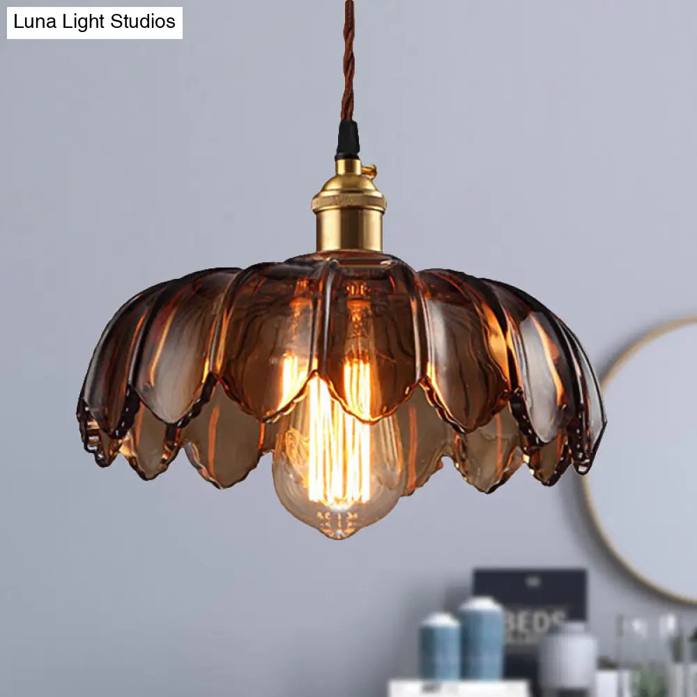 Industrial Scalloped Ceiling Lighting With Brown Glass - 1 Light 8/10/12 Wide Hanging Lamp / 8